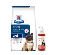 HILL'S PD Prescription Diet Feline z/d Pārtikas nepanesamība 6 kg + LAB V Lašu eļļa suņiem un kaķiem 500 ml