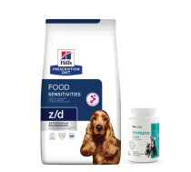 HILL'S PD Prescription Diet Canine z/d Food Sensitivity 10 kg + Lab-v Immuno Twist – dabiska imunitāte un vitalitātes atbalsts suņiem un kaķiem 60 košļājamas kapsulas