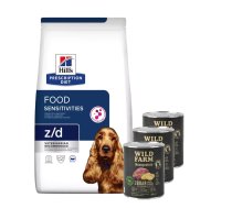 HILL'S PD Prescription Diet Canine z/d Food Sensitivity 10 kg + WILD FARM Monoprotein Wild Boar 3x800 g hipoalerģiska suņu barība