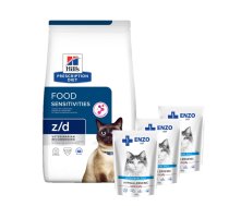 HILL'S PD Prescription Diet Feline z/d Pārtikas nepanesamība 1,5 kg + ENZO VET Hipoalerģiski produkti kaķiem ar jēra gaļas želeju 3x100 g