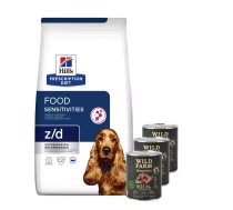 HILL'S PD Prescription Diet Canine z/d Food Sensitivity 10 kg + WILD FARM Monoprotein Beef 3x800 g hipoalerģiska barība suņiem